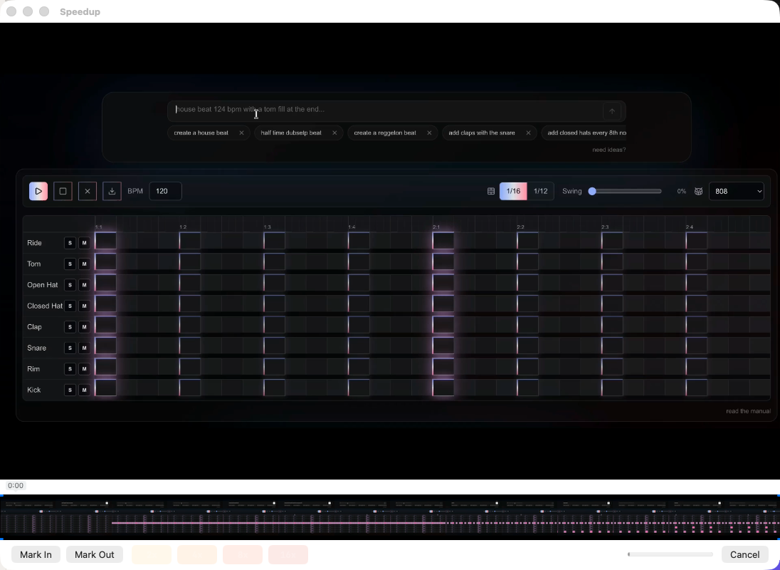 Speedup exporting — a progress bar and Cancel button while it writes a single .mp4.