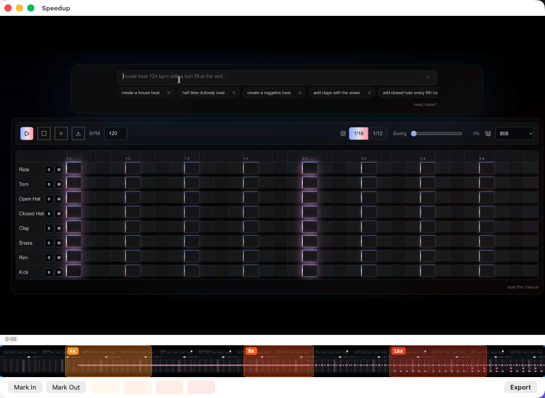 A marked Speedup timeline — three speed segments (4×, 8×, 16×) over the recording's filmstrip, color-coded by speed.